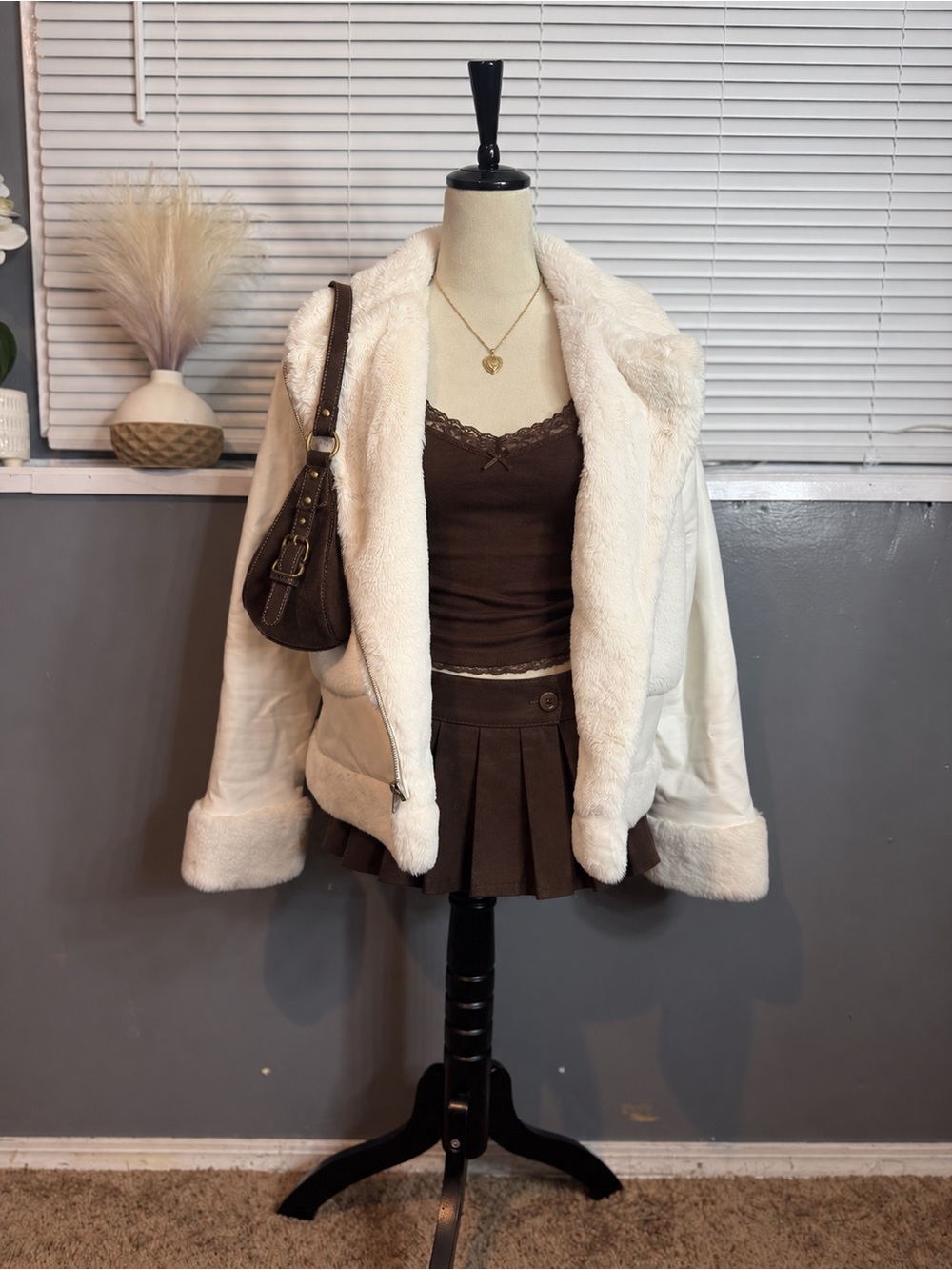 Nine West Cream Faux Fur Moto Jacket Size Small